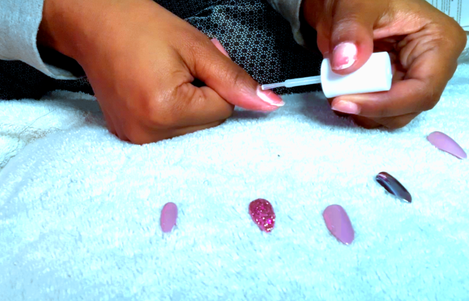 Step 1 putting on fake nails