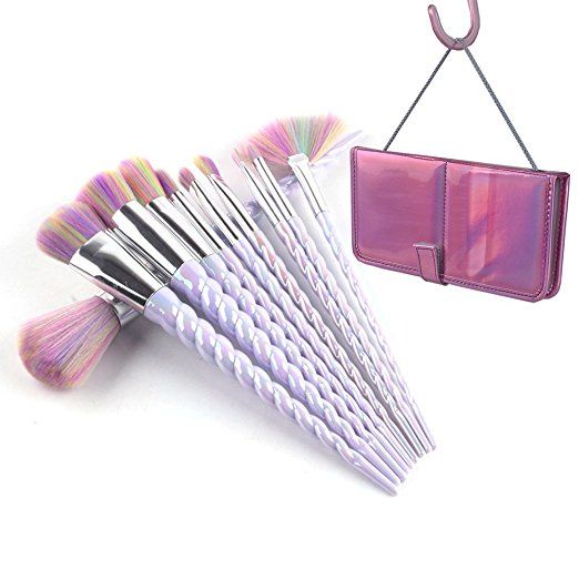 Ammiy Unicorn Makeup Brushes With Colorful Bristles Unicorn Horn Shaped Handles Fantasy Makeup Tools Foundation Eyeshadow Unicorn Brush Kit With a Cute Iridescent Carrying Case