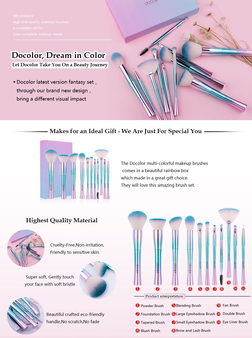 Docolor Makeup Brushes,11Pcs Fantasy Makeup Brush Set Foundation Powder Contour Eyeshadow Eyebrow Fan Cosmetic Brushes Kits 1